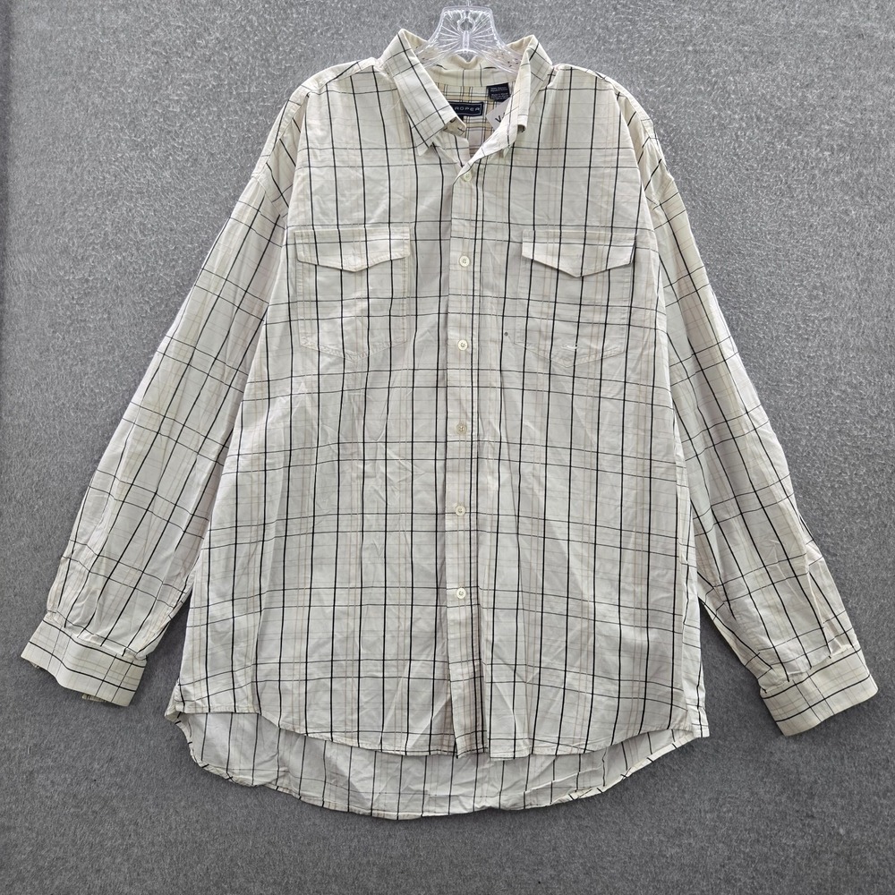 Roper Men Button Up Shirt 2XL Beige Plaid Pockets Long Sleeve Collar READ